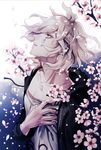  branch cherry_blossoms coat collarbone danganronpa hand_on_own_chest highres komaeda_nagito looking_up male_focus messy_hair open_clothes open_coat parted_lips petals profile solo super_danganronpa_2 tree_branch upper_body white_hair z-epto_(chat-noir86) 