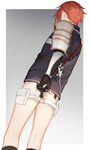  1boy armor black_legwear claws comaco from_behind garter_belt gradient gradient_background holster japanese_armor kneehighs male_focus military_uniform personification red_hair shinano_toushirou short_shorts shorts simple_background solo thigh_holster touken_ranbu uniform vambraces 