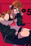  absurdres chair fur_trim glasses headphones highres jacket kogecha_(coge_ch) long_hair office_chair orange_hair persona persona_5 sakura_futaba shorts sitting solo 