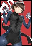  bodysuit brass_knuckles brown_hair highres nemu_(nebusokugimi) niijima_makoto persona persona_5 short_hair solo spiked_knuckles weapon 