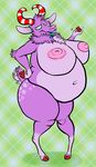  antelope anthro belly big_belly big_breasts big_nipples breasts candy_bocks claws female fur gazelle horn huge_breasts mammal navel nipples nude overweight pattern_background purple_fur simple_background solo tongue tongue_out yagi-no-baka 