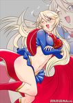  beamed_eighth_notes blonde_hair boots breasts cape cosplay dated dc_comics iowa_(kantai_collection) kantai_collection midriff mokerou musical_note navel one_eye_closed open_mouth skirt star star-shaped_pupils supergirl supergirl_(cosplay) symbol-shaped_pupils zoom_layer 