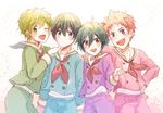  4boys black_hair blue_eyes brown_hair green_eyes high_speed! kirishima_ikuya looking_at_viewer male_focus multiple_boys nanase_haruka_(free!) purple_hair raipanda red_eyes ribbon sailor_uniform shiina_asahi short_hair shota simple_background smile tachibana_makoto wink 