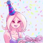  4chan :d bare_shoulders birthday black_sclera blush breasts cleavage collarbone confetti crying crying_with_eyes_open dragon_ball dragon_ball_xenoverse female_majin flying_sweatdrops gift happy hat highres holding imageboard_colors lavender_background long_hair medium_breasts open_mouth party_hat pink_hair pink_skin plague_of_gripes purple_ribbon purple_shirt red_eyes ribbon shirt simple_background smile solo striped striped_hat tank_top tears 