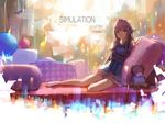  artist_name barefoot bow copyright_name dress highres light_particles long_hair looking_at_viewer object_hug on_bed pillow pillow_hug rin_(shelter) shelter_(music_video) sishenfan sitting solo stuffed_animal stuffed_toy tablet_pc teddy_bear 