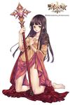  age_of_ishtaria barefoot clutching_chest dress feet highres kneeling kubu_kurin long_hair original robe short_dress solo staff 