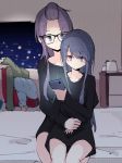  2girls bed black-framed_eyewear blue_hair blush cellphone city_lights commentary_request eyebrows_visible_through_hair glasses hair_between_eyes hair_ornament hand_holding jitome kagamihara_sakura long_hair long_shirt long_sleeves multiple_girls phone purple_hair shima_rin shiroshi_(denpa_eshidan) sitting sitting_on_person smartphone smile striped winter_clothes yuri yurucamp 