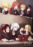  6+girls :o ahoge balancing black_hair blake_belladonna blazer blonde_hair blouse blue_eyes blush_stickers bookmark bow cape chin_rest classroom cloak copyright_name cross earrings english forehead_protector frown green_eyes grin hair_bow high_ponytail highres history hood hooded_cloak jacket jaune_arc jewelry kuma_(bloodycolor) lie_ren long_hair multicolored_hair multiple_boys multiple_girls neck_ribbon necktie nora_valkyrie official_art orange_hair pen pencil_mustache ponytail purple_eyes pyrrha_nikos red_cape red_hair ribbon ruby_rose rwby scar scar_across_eye school_uniform short_hair side_ponytail silver_eyes smile sticky_note sweatdrop textbook two-tone_hair weiss_schnee white_blouse white_hair yang_xiao_long yellow_eyes 