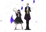  black_jacket black_pants blank_eyes blonde_hair bow checkered checkered_shirt confetti dress drifters easy_(drifters) frilled_dress frills fujiwara_riyu glasses gloves hair_bow height_difference instrument jacket kekkai_sensen long_hair long_sleeves murasaki_(drifters) necktie pants parody purple_hair shirt short_sleeves striped striped_legwear sugar_song_and_bitter_step sweater tambourine triangle_(instrument) white_gloves 