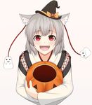  :d animal_ears black_hat blush bow detached_sleeves empty fangs ghost grey_hair halloween hat hat_bow inubashiri_momiji jack-o'-lantern long_sleeves looking_at_viewer mini_hat mini_witch_hat open_mouth orange_bow ozu_(agito100001) pink_background red_eyes short_hair silver_hair simple_background smile solo touhou upper_body wavy_mouth witch_hat wolf_ears 