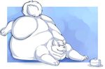  2016 anthro belly big_belly blue_background border cake canine digital_media_(artwork) dog drooling fluffy fluffy_tail food husky hyper hyper_belly legs_up lying male mammal monochrome morbidly_obese nude on_front open_mouth oreocakes outside_border overweight overweight_male plate saliva simple_background sky_(xenonwolf) smile solo teeth white_border 