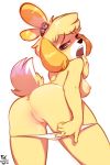  2018 animal_crossing anthro anus bell blonde_hair blush breasts butt canine clothed clothing dated digital_media_(artwork) dog female fur grey_eyes hair half-closed_eyes hi_res isabelle_(animal_crossing) jingle_bell looking_at_viewer mammal nintendo nipples nose_blush open_mouth panties panty_pull presenting pussy pussy_juice rear_view shih_tzu short_hair signature simple_background solo standing teeth topknot topless uncensored underwear video_games white_background yellow_fur zero-sum 