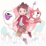  &gt;_o amano_keita blush brown_hair cat character_name copyright_name fang ghost haramaki jacket jibanyan kouhara_yuyu multiple_tails notched_ear one_eye_closed open_clothes open_jacket open_mouth red_jacket short_hair tail two_tails watch whisper_(youkai_watch) wristwatch youkai youkai_watch youkai_watch_(object) 