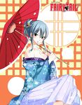  bare_shoulders black_eyes blue_hair blush breasts cleavage copyright_name fairy_tail floral_print hakama japanese_clothes ji_yue juvia_lockser kimono large_breasts long_hair off_shoulder oriental_umbrella smile solo umbrella 