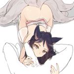  1girl ahri animal_ears bangs black_hair erection fellatio fingernails fox_ears fox_tail heart heart-shaped_pupils hetero jorin league_of_legends looking_at_viewer multiple_tails nail_polish nude oral orange_eyes out_of_frame partially_colored penis pov red_nails sash simple_background solo_focus symbol-shaped_pupils tail thighhighs white_background white_legwear 