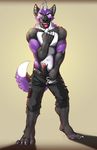  5_fingers anthro arcticlion belt canine clothing ear_piercing fur horny humanoid_penis looking_at_viewer male mammal maned_wolf maned_wolf_torben mohawk multicolored_fur naughty_face penis piercing poking_out purple_fur shorts solo tongue tongue_out 