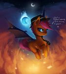  2015 absurd_res alternate_species bat_pony bat_wings enhlish_text equine female feral fire flying friendship_is_magic glowing glowing_eyes hair hat hi_res horse hybrid mammal membranous_wings moon my_little_pony necktie night outside purple_hair rain-gear scootaloo_(mlp) smile solo wings young 