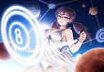  black-framed_eyewear breasts brown_hair closed_mouth dress glasses highres holding jchoy left-handed long_hair looking_at_viewer medium_breasts number pixiv pixiv-tan planet purple_eyes sleeveless sleeveless_dress smile solo stylus tattoo twintails white_dress 