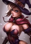 alternate_costume blonde_hair blue_eyes breasts cleavage dandon_fuga earrings hat huge_breasts jack-o'-lantern jack-o'-lantern_earrings jewelry looking_at_viewer mechanical_wings mercy_(overwatch) overwatch smile solo upper_body wings witch_hat witch_mercy 