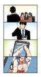  3girls black_hair bra breasts brown_hair cellphone cleavage comic formal honda_mio idolmaster idolmaster_cinderella_girls long_hair multiple_girls necktie phone producer_(idolmaster_cinderella_girls_anime) shibuya_rin shimamura_uzuki shino_(r_shughart) short_hair smartphone translated underwear 