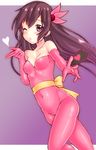  bodysuit breasts card cat's_eye cosplay covered_navel hair_ornament heart kantai_collection kisaragi_(kantai_collection) kurogane_daichi long_hair off_shoulder one_eye_closed pink_bodysuit purple_eyes purple_hair sash small_breasts solo unitard 