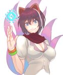  ahri alternate_costume animal_ears arcade_ahri blue_eyes bracelet breasts cleavage fox_ears fox_tail headphones highres jewelry large_breasts league_of_legends mole mole_under_eye multiple_tails nail_polish purple_hair red_scarf scarf short_hair solo tail wel 