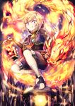  :p ankle_wrap armor barefoot blonde_hair braid crazy_eyes crossed_legs fire flat_chest kaio_(watagami) original pyrokinesis short_hair shorts sitting solo toeless_legwear tongue tongue_out 