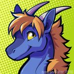  2016 anthro blue_scales brown_hair digital_media_(artwork) dragon hair halftone_background headshot_portrait horn icon looking_at_viewer male nowandlater pattern_background portrait scales scalie side_view signature simple_background smile solo yellow_eyes 