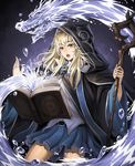  belt blonde_hair blue_skirt book cloak cowboy_shot frills highres holding holding_staff jchoy long_hair long_sleeves magic open_book open_mouth original pleated_skirt skirt solid_circle_eyes solid_oval_eyes solo staff water_dragon wide_sleeves witch yellow_eyes 