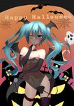  absurdres aqua_hair bat black_gloves blush bridal_gauntlets candy corset covered_navel demon_girl demon_tail elbow_gloves finger_to_mouth food gloves green_eyes halloween happy_halloween hatsune_miku head_wings highres kenkano leotard lollipop long_hair one_eye_closed silk single_thighhigh solo spider_web swirl_lollipop tail thighhighs twintails very_long_hair vocaloid wings 