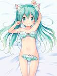  animal_ears aqua_eyes aqua_hair arm_up ass_visible_through_thighs blush body_blush bow bow_bra bow_panties bra bra_removed cat_ears covering fang fang_out green_bra green_panties hatsune_miku highres long_hair looking_at_viewer lying navel nekono_rin nude nude_cover on_back panties panties_removed smile solo twintails underwear underwear_only very_long_hair vocaloid younger 