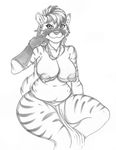  anthro autumm_airwave clothing female loincloth looking_at_viewer mammal monochrome overweight raccoon smile solo thick_thighs 