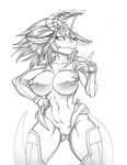  anthro armor autumm_airwave female fish marine monochrome no_pupils pussy shark smile solo thick_thighs wide_hips 