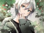  1girl anastasia_(idolmaster) black_shirt blue_eyes grey_coat head_tilt highres idolmaster idolmaster_cinderella_girls looking_at_viewer mek_number parted_lips portrait shirt short_hair silver_hair solo 