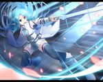  action asuna_(sao) asuna_(sao-alo) bangs belt black_belt black_legwear blue_eyes blue_hair blurry blurry_foreground boots commentary depth_of_field detached_sleeves dress energy holding holding_sword holding_weapon knee_boots long_hair looking_to_the_side nyanmaru open_mouth pointy_ears print_legwear scabbard sheath short_dress sleeveless sleeveless_dress solo standing sword sword_art_online thighhighs v-shaped_eyebrows very_long_hair weapon white_dress white_footwear 