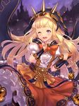  ;d bangs blonde_hair blush book bow cagliostro_(granblue_fantasy) cape cloak crown granblue_fantasy hairband halloween halloween_costume highres hood hooded_cloak long_hair looking_at_viewer one_eye_closed open_mouth puffy_short_sleeves puffy_sleeves purple_eyes short_sleeves skirt smile solo striped striped_legwear thighhighs v yapo_(croquis_side) 