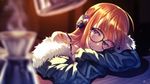  bangs bare_shoulders black-framed_eyewear blurry blurry_background coat fur-trimmed_coat fur_trim glasses head_down head_rest head_tilt headphones highres long_sleeves looking_at_viewer matsuryuu off_shoulder orange_hair persona persona_5 pov_across_table purple_eyes sakura_futaba sleeves_past_wrists smile solo spaghetti_strap steam upper_body 