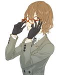  adjusting_eyewear aimai-me akechi_gorou bad_id bad_twitter_id black_gloves brown_eyes brown_hair double-breasted glasses gloves lips looking_at_viewer male_focus necktie parted_lips persona persona_5 red-framed_eyewear simple_background solo upper_body white_background 