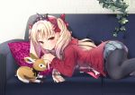  1girl bankoku_ayuya black_legwear blonde_hair blue_skirt blush bow brown_eyes coat couch diadem ereshkigal_(fate/grand_order) fate/grand_order fate_(series) grey_scarf grin hair_bow long_hair lying miniskirt on_side pantyhose pillow pleated_skirt red_bow red_coat scarf shiny shiny_clothes skirt smile solo stuffed_animal stuffed_toy twintails very_long_hair 