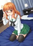  1girl 2016 adjusting_eyewear alarm_clock bed_sheet bedroom breasts brown_eyes clock collarbone dated girls_und_panzer glasses green_skirt impossible_clothes impossible_shirt indoors lamp large_breasts long_hair looking_at_viewer miyai_sen neckerchief on_bed ooarai_school_uniform open_mouth orange_hair pillow pleated_skirt red-framed_eyewear school_uniform seiza semi-rimless_eyewear serafuku shiny shiny_hair shirt sidelocks signature sitting skirt solo surprised takebe_saori television thighhighs under-rim_eyewear 