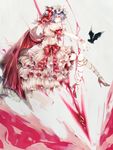  1girl bat_wings bats blue_hair bow detached_cuffs dress frilly_sleeves high_heels long_fingernails puffy_sleeves red_bow red_nails remilia_scarlet saegome shoes spear touhou white_dress 