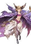  blonde_hair brown_eyes coat djeeta_(granblue_fantasy) full_body granblue_fantasy hair_ornament holding looking_away midriff minaba_hideo official_art serious short_hair showgirl_skirt solo staff standing thighhighs transparent_background wiseman_(granblue_fantasy) zettai_ryouiki 