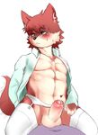  &lt;3 ambiguous_gender balls blush canine clothed clothing embarrassed erection fur legwear line_art male male/ambiguous mammal navel open_shirt partially_retracted_foreskin penis precum red_fur sheeporwolf stockings sweat uncut wolf 