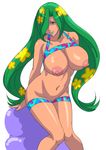  blue_eyes breasts green_hair hair_over_one_eye kuruma_hajime large_breasts lipstick long_hair makeup navel nipples original solo thighs very_long_hair 