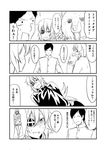  1boy 2girls 4koma :o =_= admiral_(kantai_collection) apron bangs bear blunt_bangs blush cape claws comic commentary cosplay dudou eyepatch greyscale ha_akabouzu hair_between_eyes highres kantai_collection kigurumi kiso_(kantai_collection) kuma_(kantai_collection) long_hair messy_hair military military_uniform monochrome multiple_girls naked_apron naval_uniform scar simple_background spiked_hair sweatdrop translated uniform v-shaped_eyebrows 