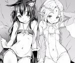  absurdres animal_ears bandeau bangs breasts bridal_gauntlets circlet elbow_gloves elf flat_chest gloves greyscale grin highres jewelry leotard long_hair looking_at_viewer monochrome multiple_girls navel necklace original parted_bangs pointy_ears satetsu sidelocks sitting small_breasts smile strapless 