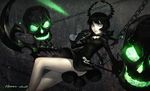  absurdres artist_name black_dress black_hair black_rock_shooter chain claws dead_master dress drill_hair green_eyes han-0v0 highres horns legs long_hair looking_at_viewer skull solo twin_drills weapon 