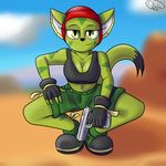  anthro breasts carol_tea chowdie cleavage clothed clothing feline female freedom_planet fur green_fur gun mammal midriff navel ranged_weapon solo video_games weapon wildcat 