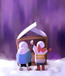  arm_up back black_shorts blue_jacket blue_shorts boots bow box brothers cardboard_box clenched_hands from_behind full_body gloves highres hood hoodie jacket long_sleeves male_focus multiple_boys outdoors outstretched_arm papyrus_(undertale) purple_sky red_bow red_footwear red_gloves sans shade shirt short_sleeves shorts siblings skeleton slippers snow standing striped t-shirt undertale yamtteng younger 