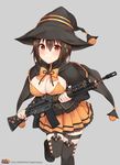  assault_rifle black_hair black_legwear black_ribbon blush bow bowtie breasts brown_eyes cape cleavage closed_mouth commentary_request copyright_name cowboy_shot frilled_skirt frills gun halloween halloween_costume hat hiiragi_hajime holding holding_gun holding_weapon howa_type_89 ichigaya_ai jack-o'-lantern large_breasts leaning_forward long_sleeves looking_at_viewer orange_skirt over-kneehighs ribbon rick_g_earth rifle short_hair skirt smile solo thigh_strap thighhighs weapon witch_hat yellow_bow yellow_neckwear 